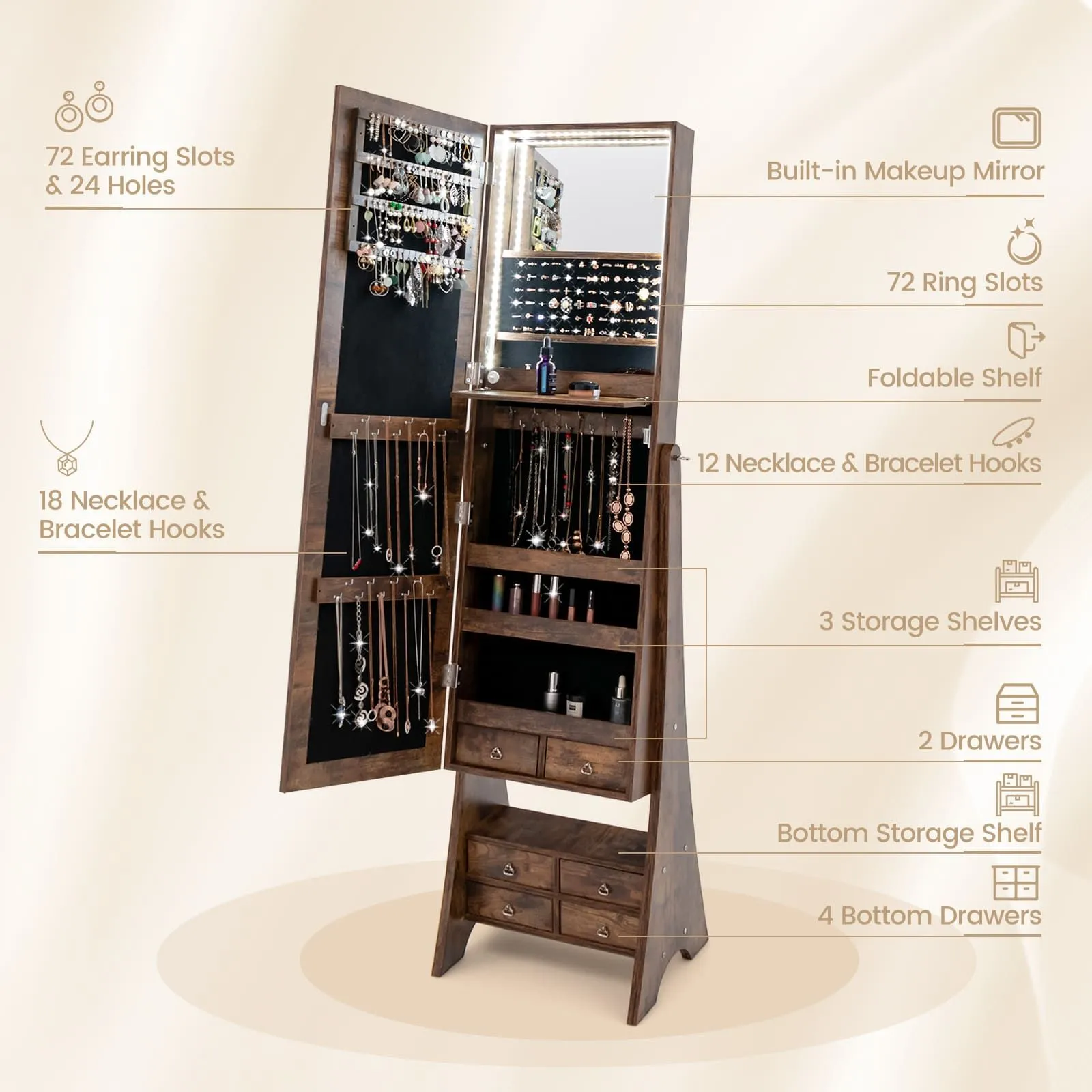 Costway Freestanding Jewelry Cabinet Floor Jewelry Armoire Organizer in Brown 5