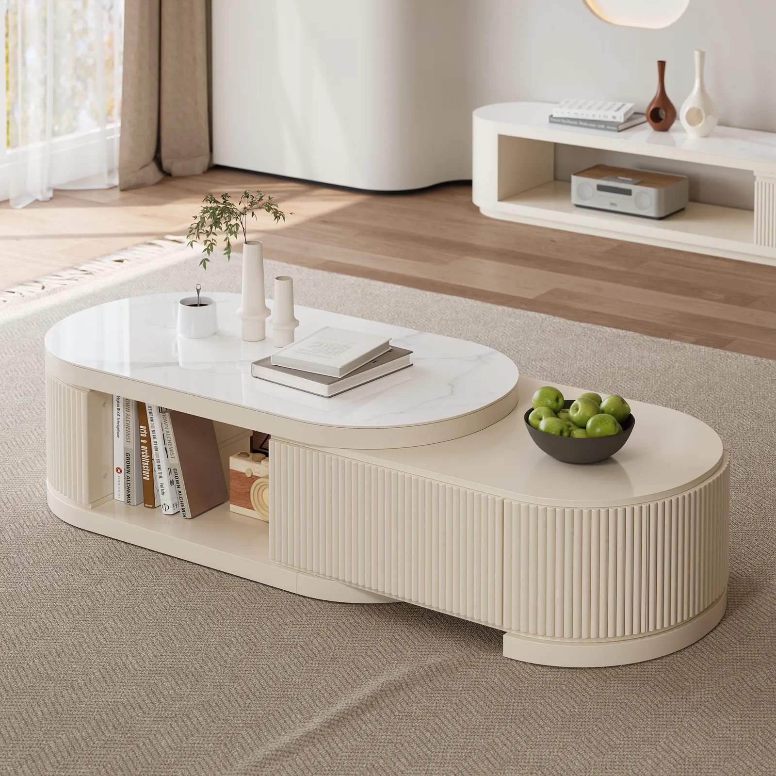 Sintered Stone Round Coffee Table Modern White Living Room Furniture with Storage