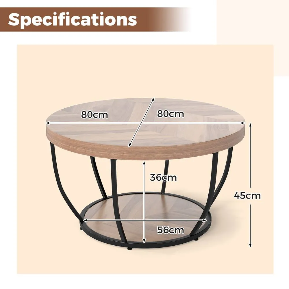Costway 2-Tier Round Coffee Table with Heavy-duty Metal Frame in Natural 2