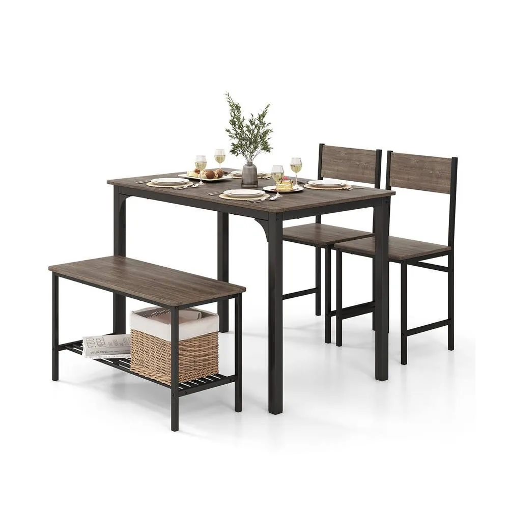 Costway 4-Piece Dining Table Set Kitchen Table with 2 Chairs & a Bench in Grey 2