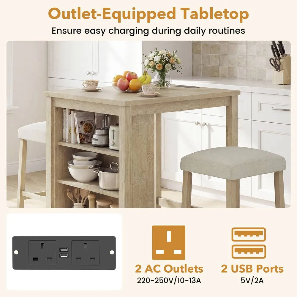 Costway 3PCS Bar Table Set Kitchen Dining Table w/ 2 Stools & Power Outlet 3