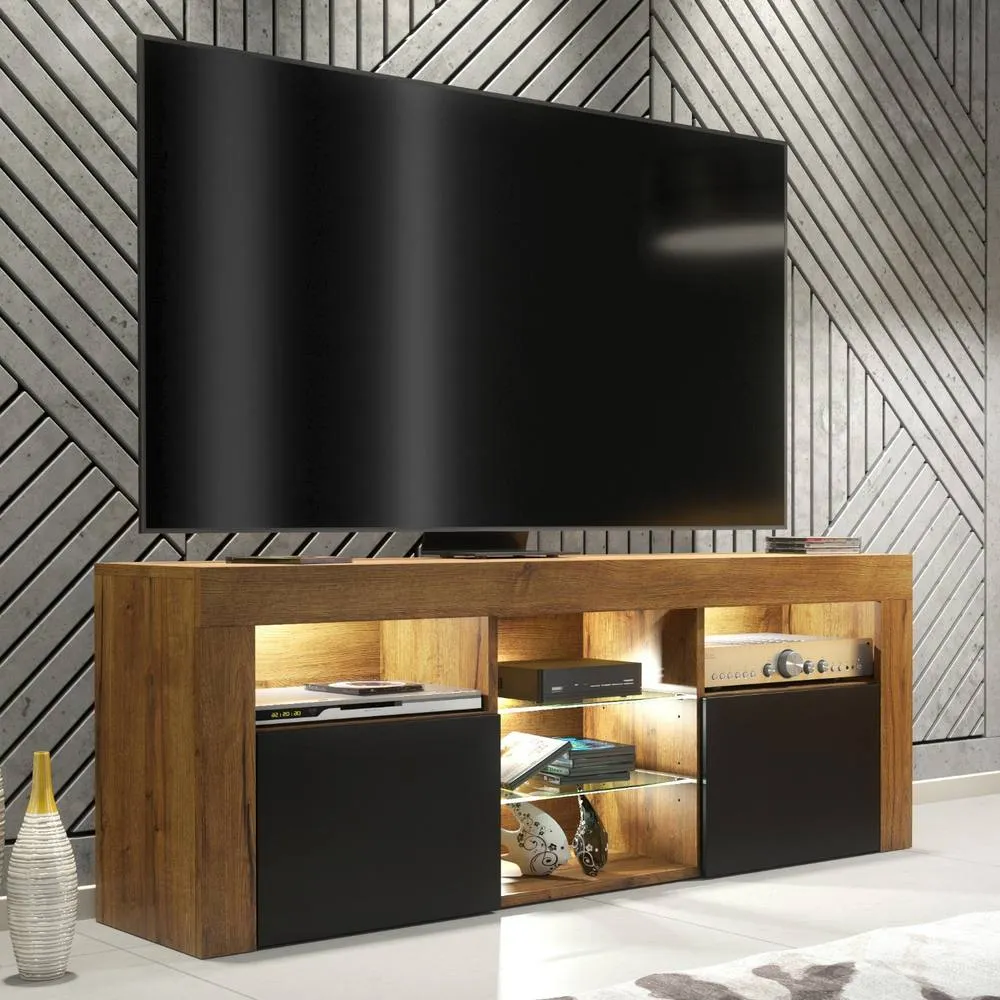 Creative Furniture Pulse TV Unit 145cm - Dark Oak with Black Matt Doors + LED Lights in Dark Brown 5