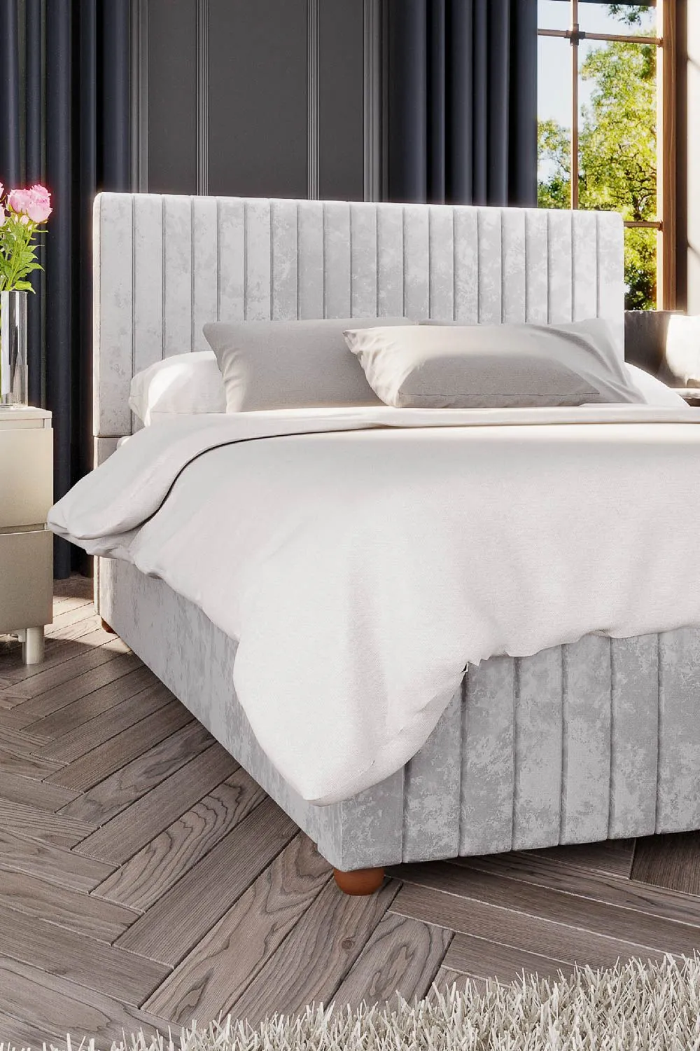 Laurence Llewelyn-Bowen Estella Ottoman Storage Bed in Mirazzi Velvet Fabric, Custom Made in Silver