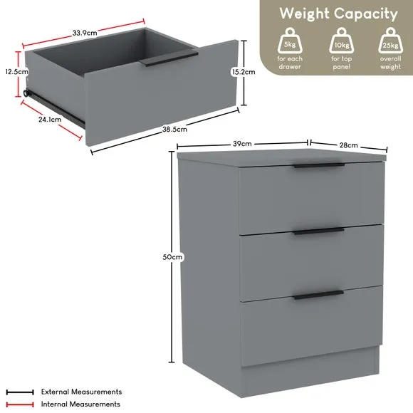 Return - Hayes 3 Drawer Bedside Table, Grey 6