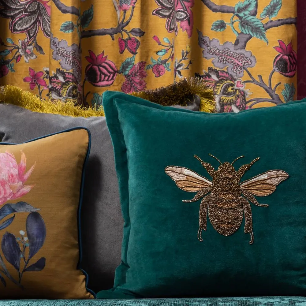 Voyage Maison Layla Velvet Embroidered Bee Cushion in Teal