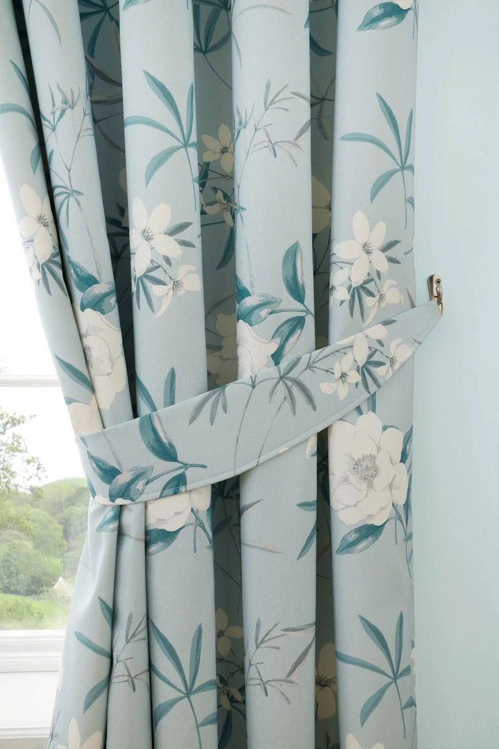 Dreams & Drapes 'Eve' 100% Cotton Floral Pair of Pencil Pleat Curtains With Tie-Backs in Duck Egg Blue 6