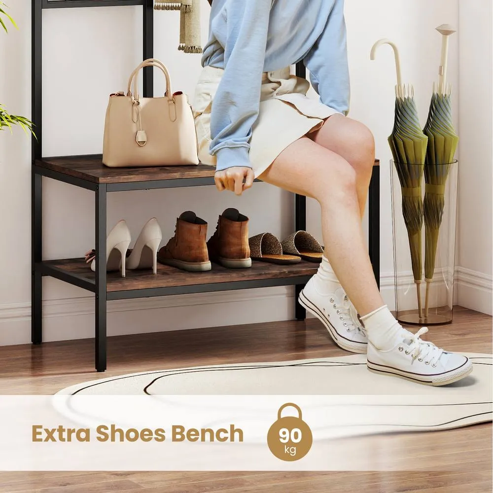 Costway Industrial Coat Rack with Shoe Bench & Wall Grid Panel-Brown in Brown 3