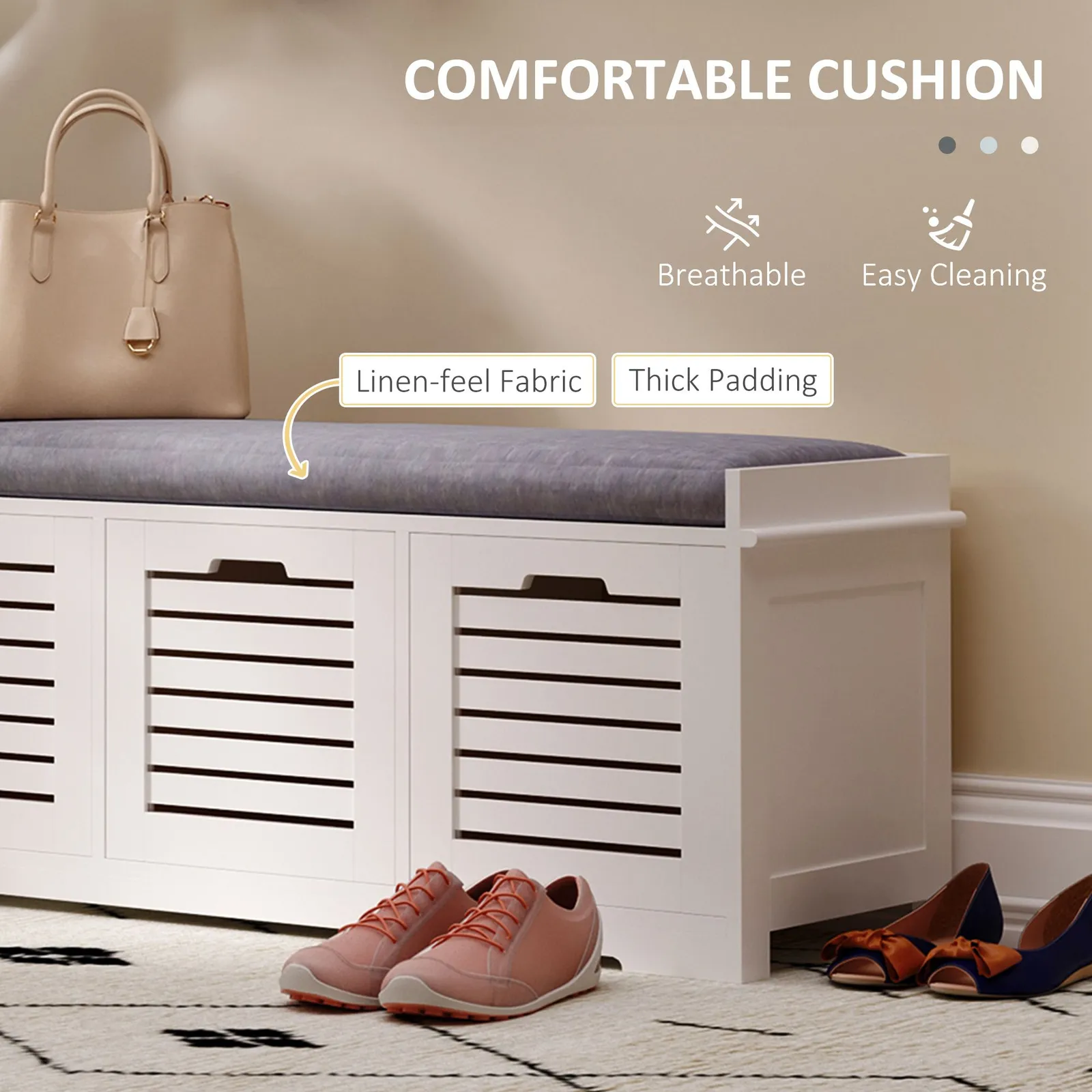 HOMCOM 3 Door Shoe Storage Bench with Cushion Seat Slatted Door Elevated Base in Grey 5