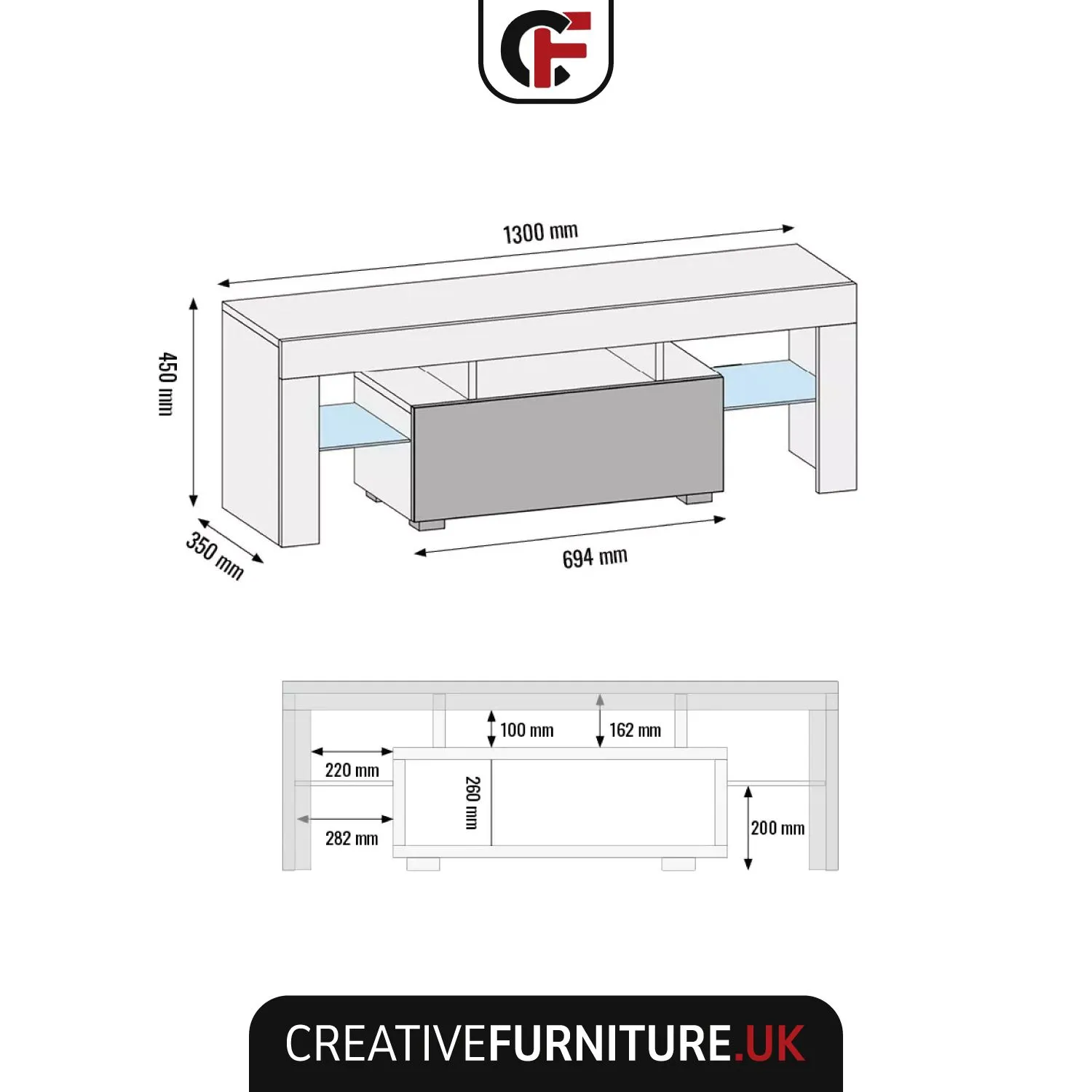 Creative Furniture Floe TV Unit 130cm - A Sleek & Elegant Cabinet with Gloss Doors & LED Lights in Black 4
