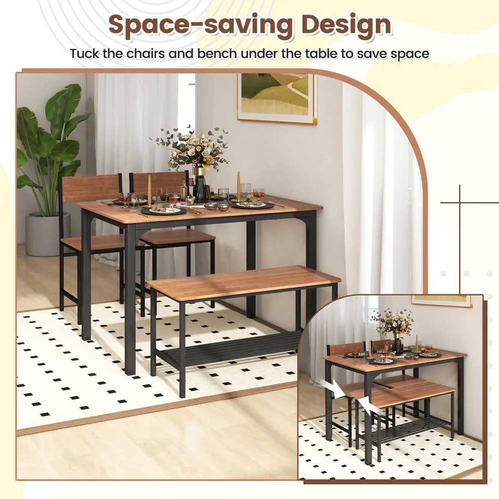 Costway 4-Piece Dining Table Set Space-Saving Kitchen Table & Bench in Brown 4