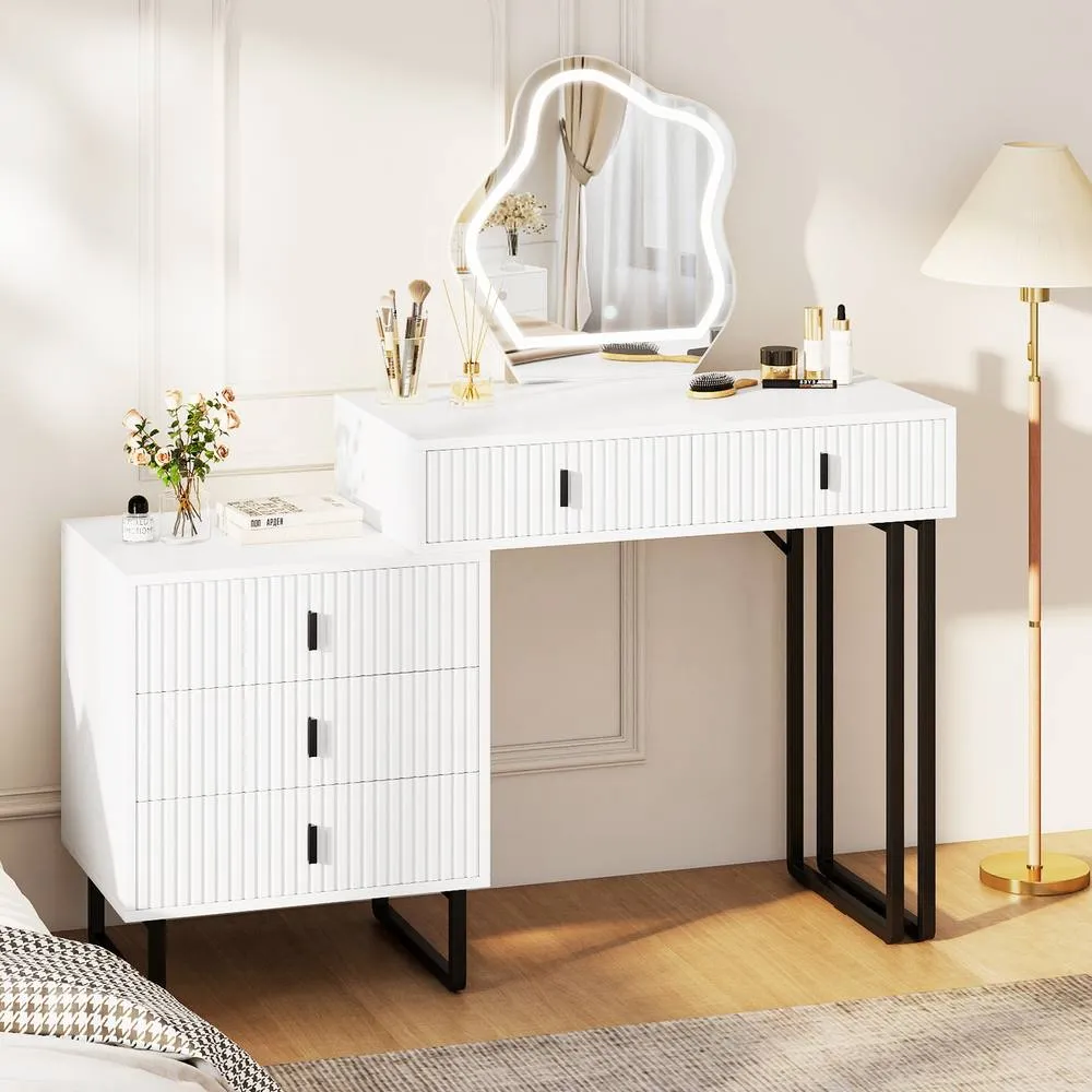 Costway Modern Dressing Table w/Mirror & Lights in White 3