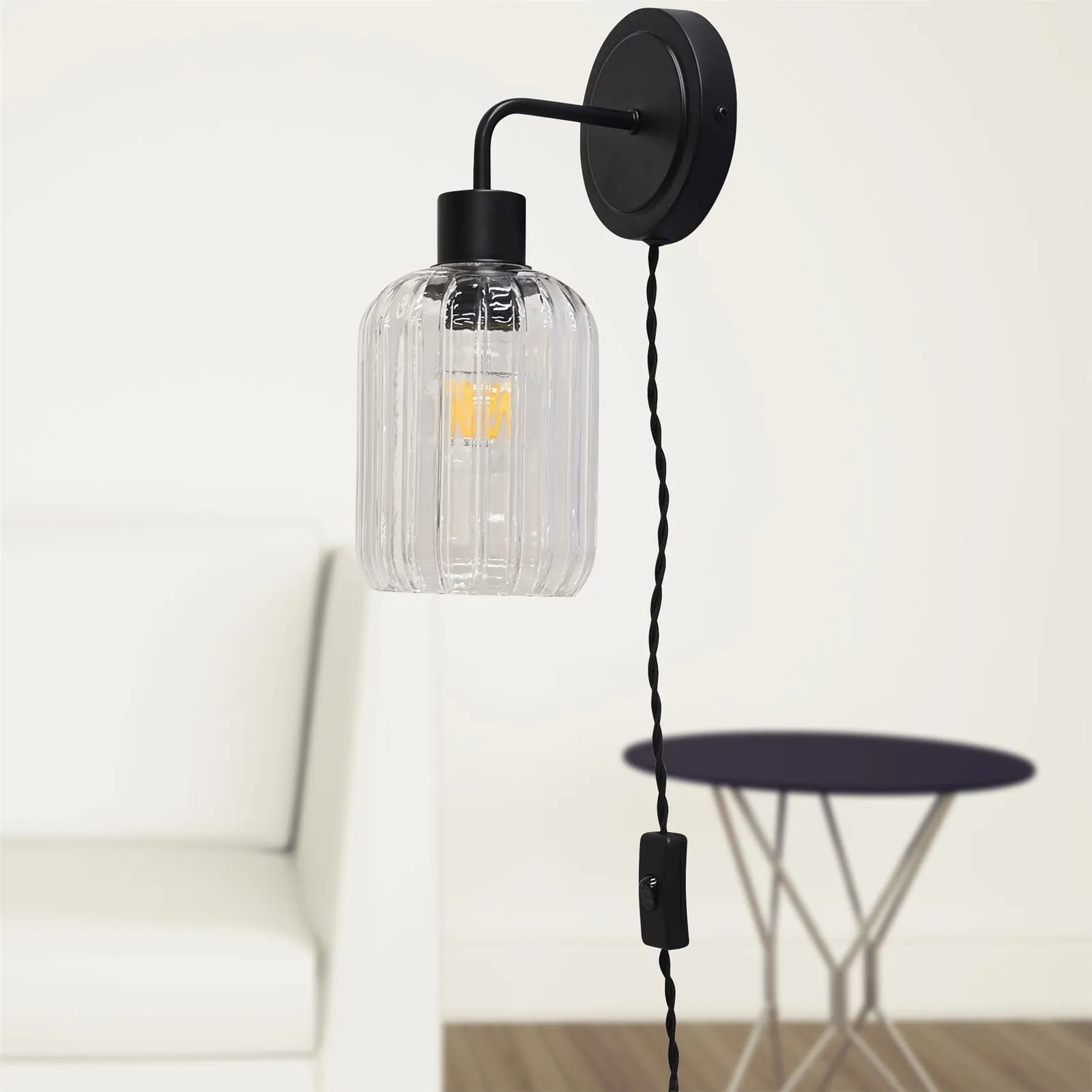 First Choice Lighting Set of 2 Toby - Black Plug in Wall Lights Ribbed Glass Shades 5