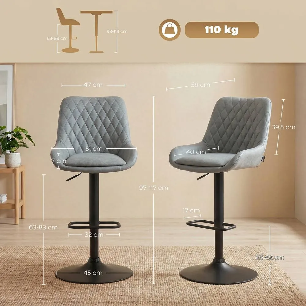 HOMCOM PU Leather Padded Bar Stools Set of 2 with Metal Base, Light Grey 3