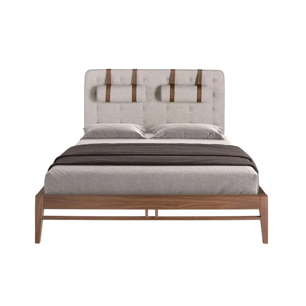 Angel Cerda Grey Tufted Fabric Double Bed with Walnut-Veneer Legs 2