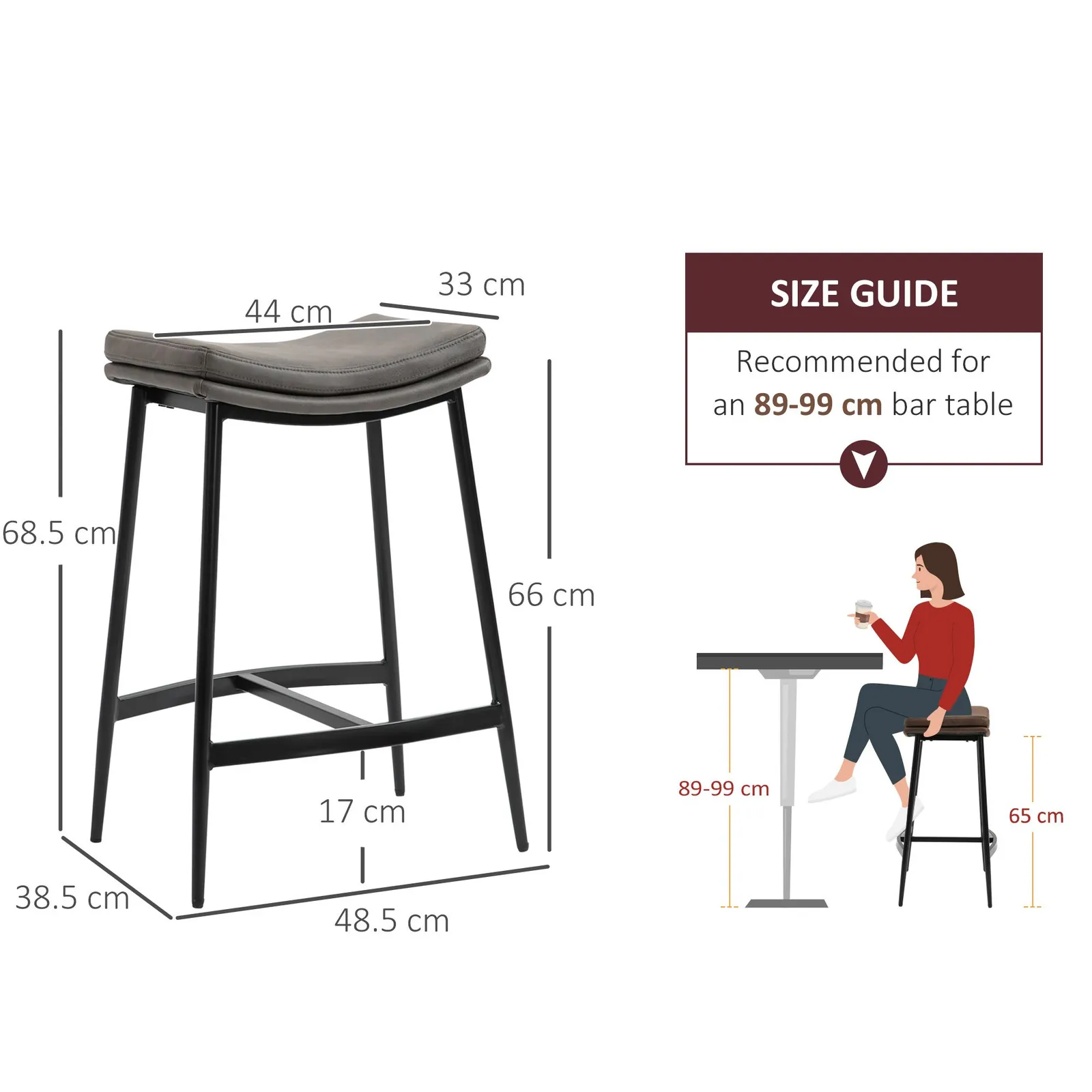 HOMCOM Breakfast Bar Stools Set of 2 Upholstered Barstools w/ Curved Seat in Grey 3