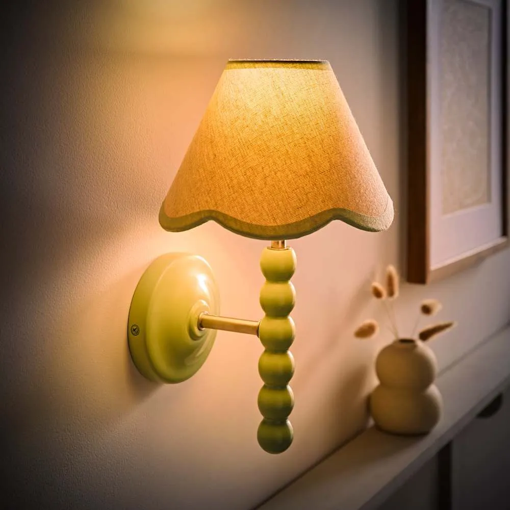 ValueLights Bobbins Sage Green Wall Light with Linen Trim Lamp Shade & LED Bulb in Pale Green 1
