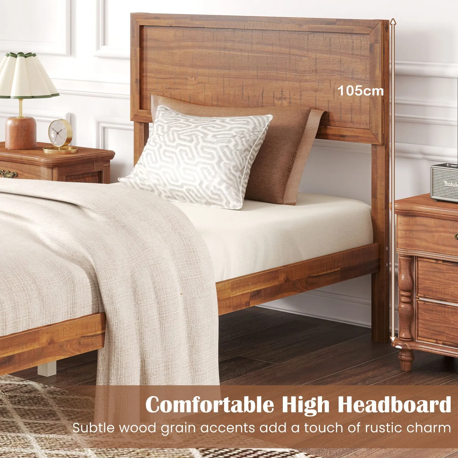 Costway Single Size Bed Frame Acacia Wood Platform Bed w/ Headboard in Walnut 5