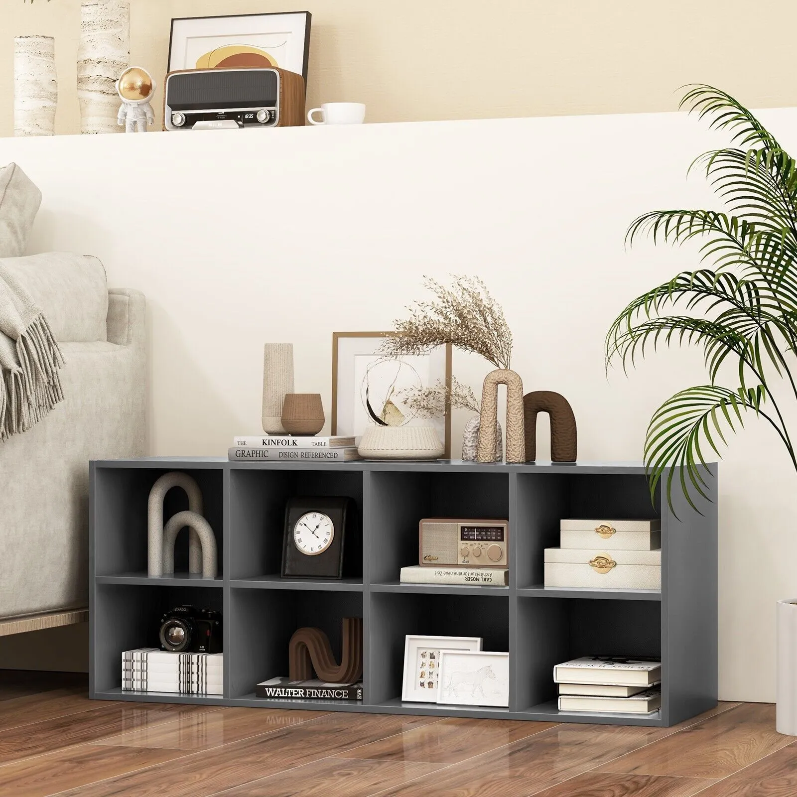 Costway 8-Cube Shoe Bench Entryway Shoe Rack Cabinet W/ 8 Storage Cubbies in Grey 3