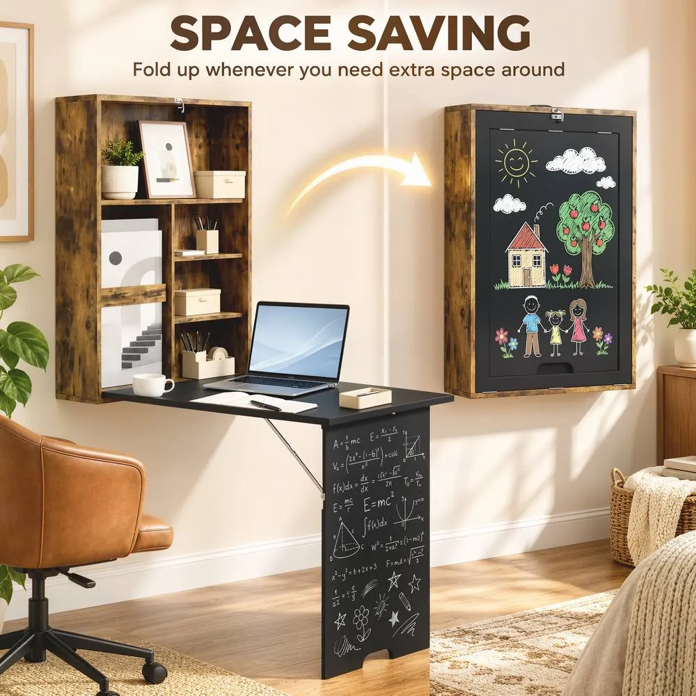 HOMCOM Folding Wall-Mounted Drop-Leaf Table Chalkboard Shelf Rustic Brown 6