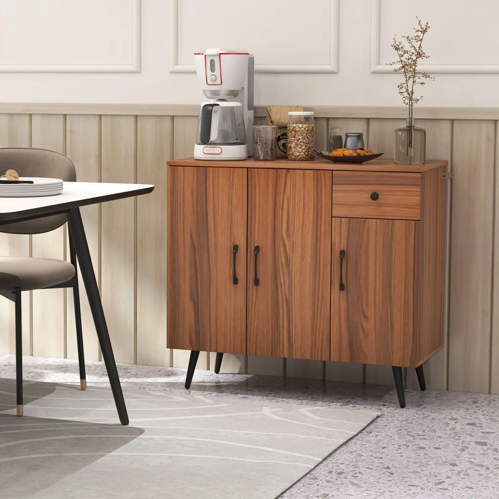 Costway Buffet Cabinet Kitchen Modern Storage Cabinet w/Pull-out Drawer in Walnut 4