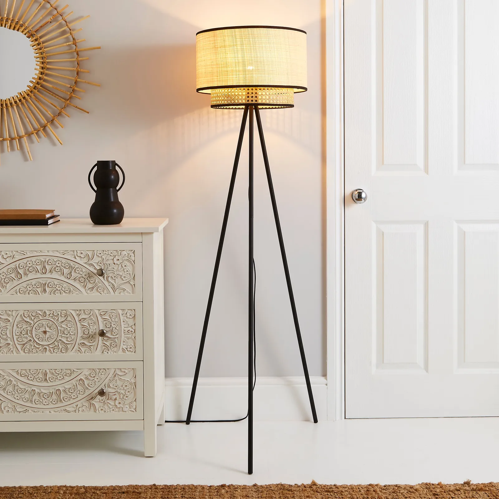 Malika Cane 2 Tier Tripod Floor Lamp Black