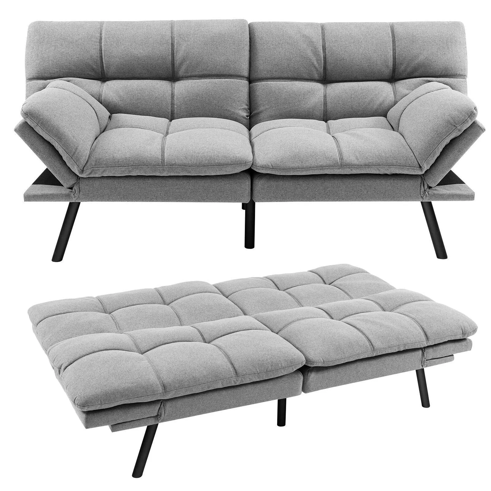Costway 2 Seat Convertible Loveseat Sofa Bed Memory Foam Sleeper Couch 3-level Adjust in Grey
