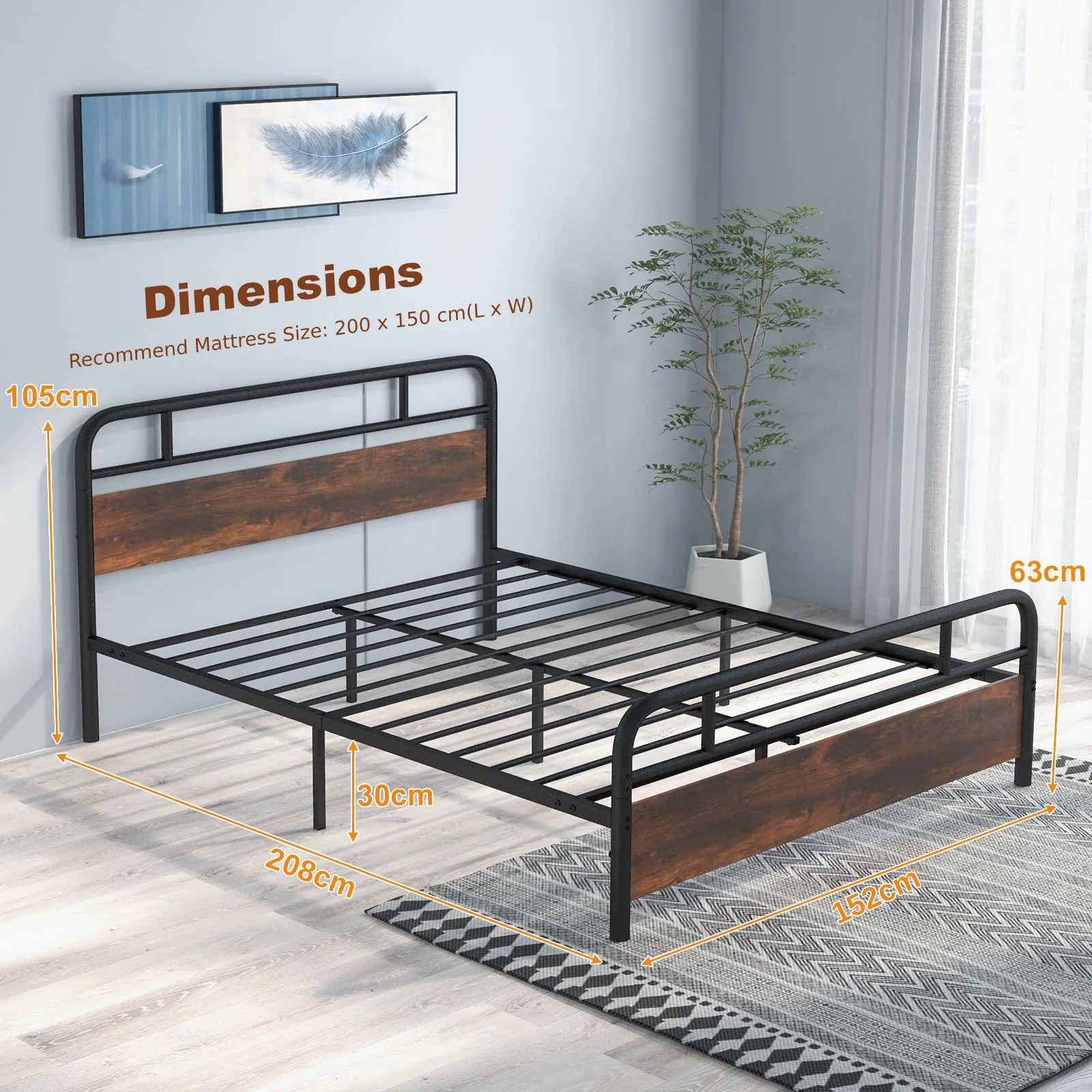 Costway Industrial King Size Bed Frame Heavy-duty Platform Bed in Dark Brown 2
