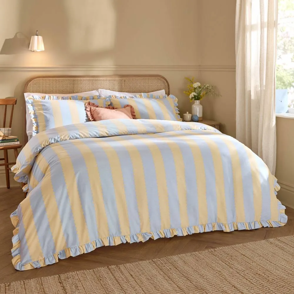 Wylder Birdie Stripe Ruffle Duvet Cover Set in Lemon