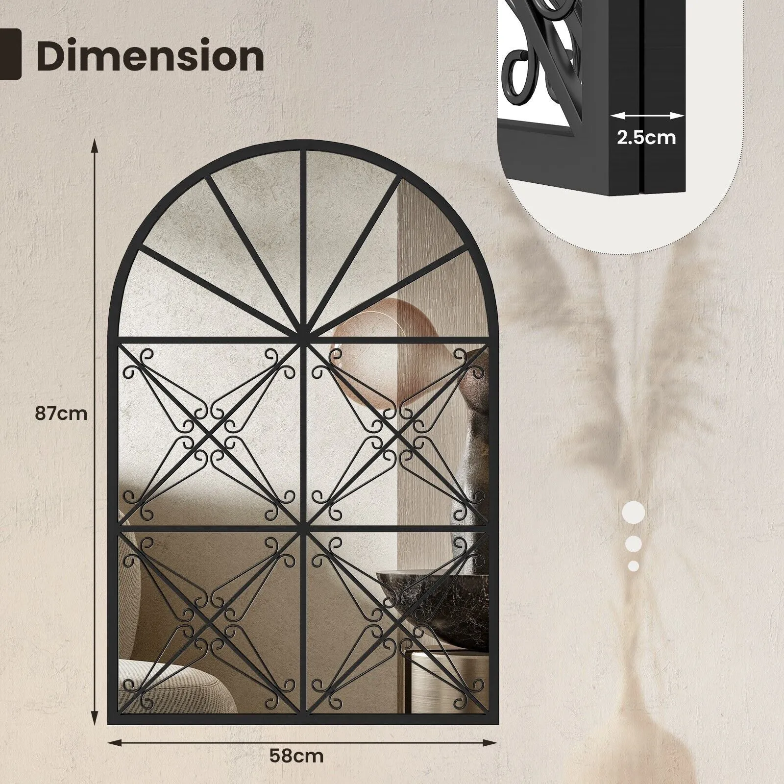 Costway Arched Window Pane Mirror Wall Mounted Decorative Mirror w/ Metal Frame in Black 2