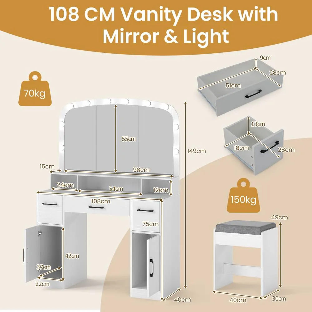 Costway Modern Dressing Table w/Stool Vanity Desk Makeup Table w/Mirror Lights in White 2