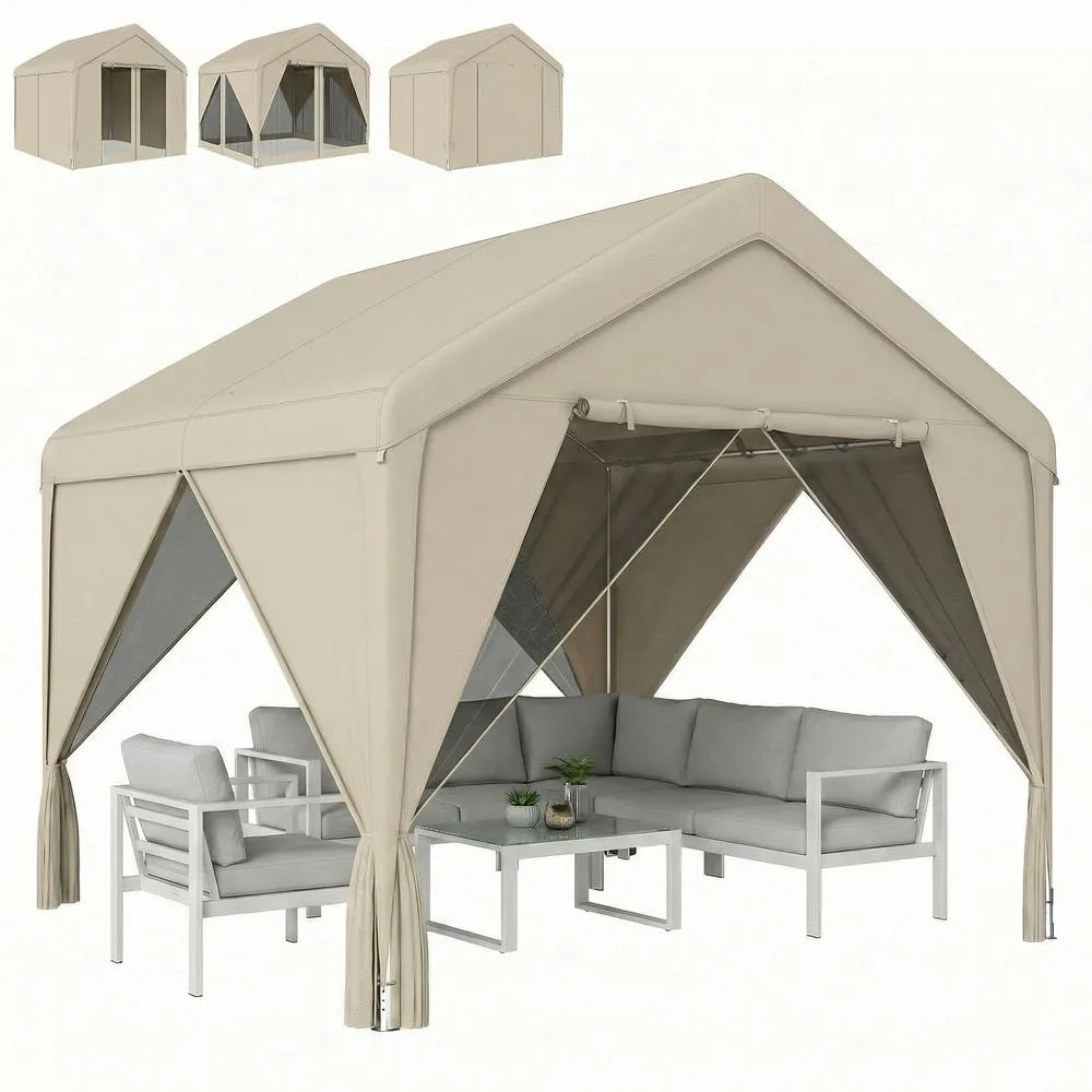 OUTSUNNY 3 x 3 m Outdoor Patio Gazebo with Netting & Curtains, Khaki 2