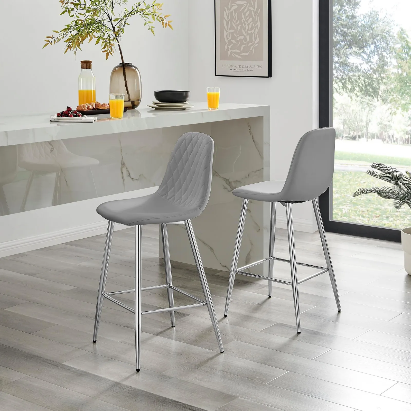 FurnitureboxUK Corona Set of 2 Counter Stools - Faux Leather Counter Stools With Silver Legs - Kitchen Island Stool in Grey