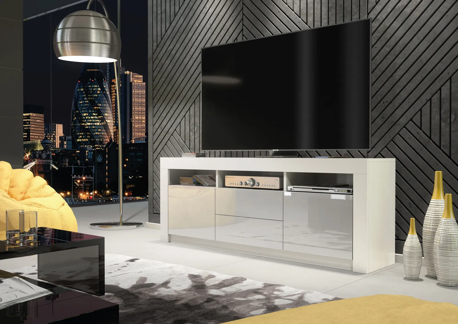 Creative Furniture TV Unit 160cm Modern - White with High Gloss Grey Doors 2