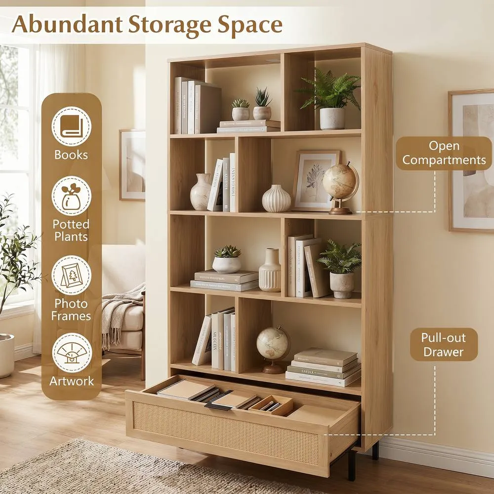 Costway 162cm Tall Wooden Bookcase 6-Tier Bookshelf w/8 Cubes & Rattan Drawer in Natural 6