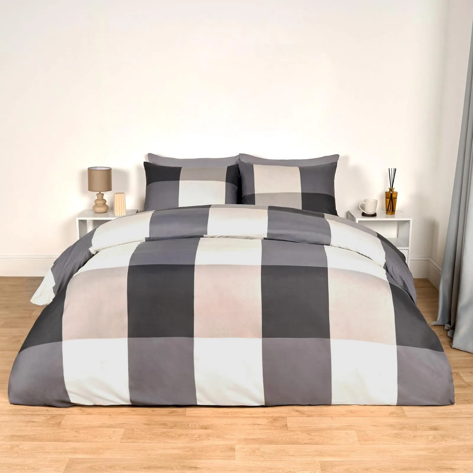 OHS Gingham Check Duvet Cover Bedding Quilt Pillowcase Set Reversible in Light Grey