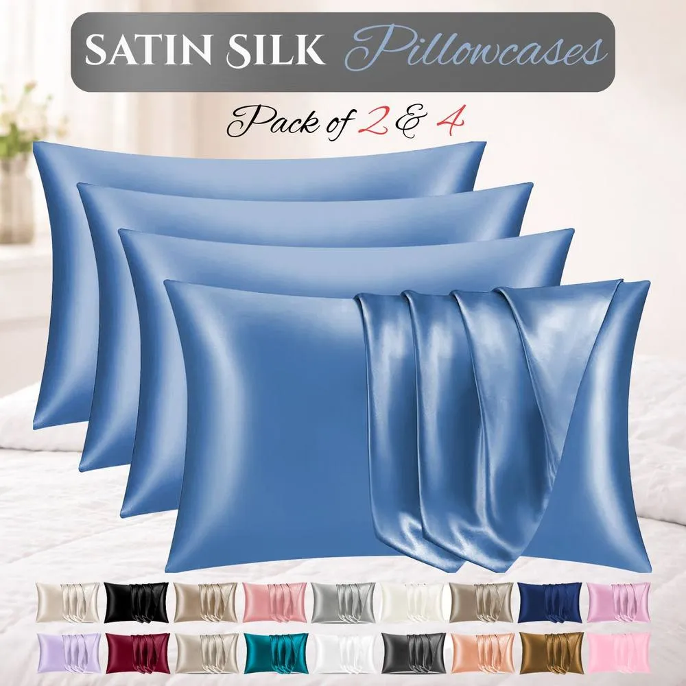 Grace Satin Silk Pillow Cases Pack of 4 Super Soft Smooth Pillow Covers in Blue