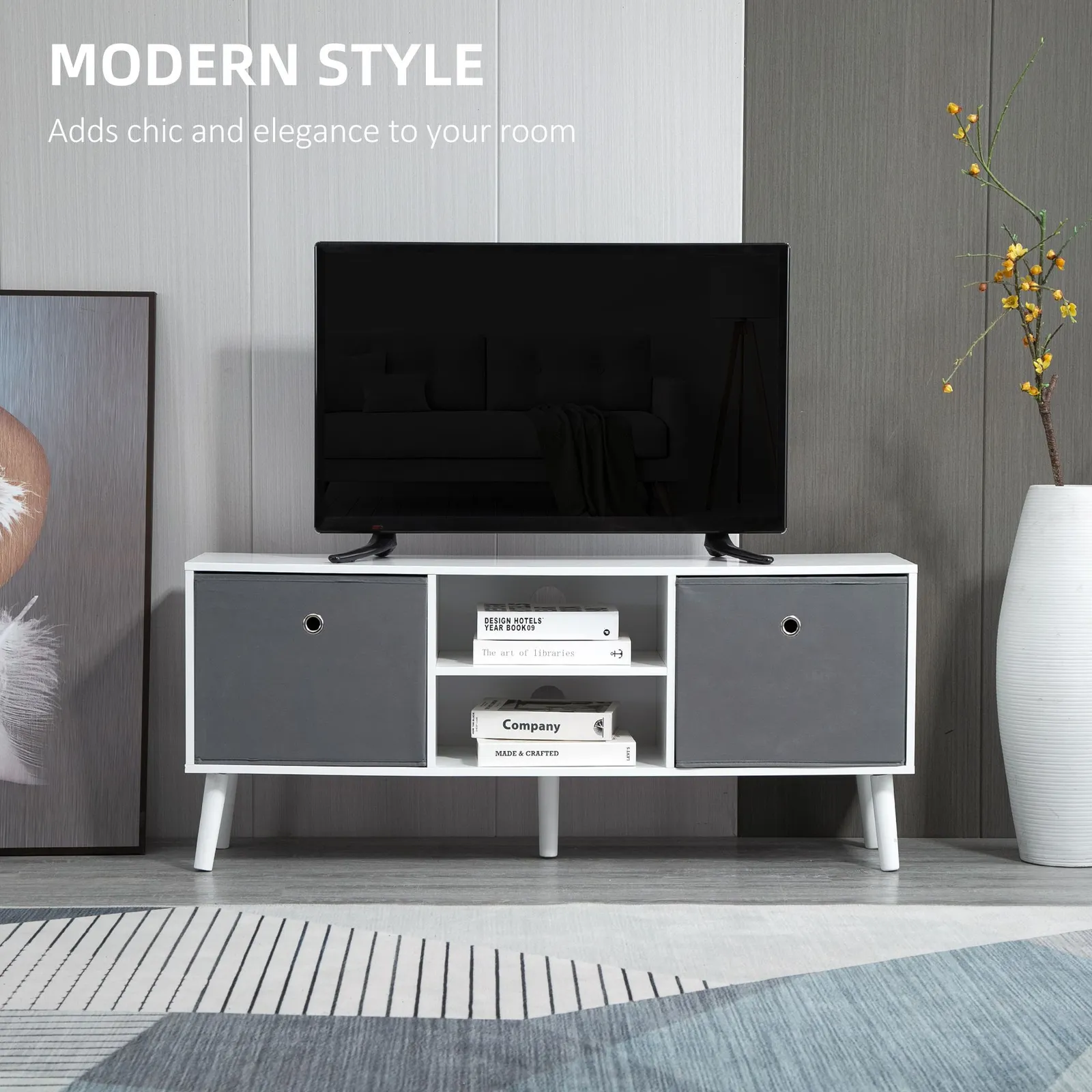 HOMCOM Modern TV Cabinet Stand w/ Shelves & Drawers, Bedroom in White 4