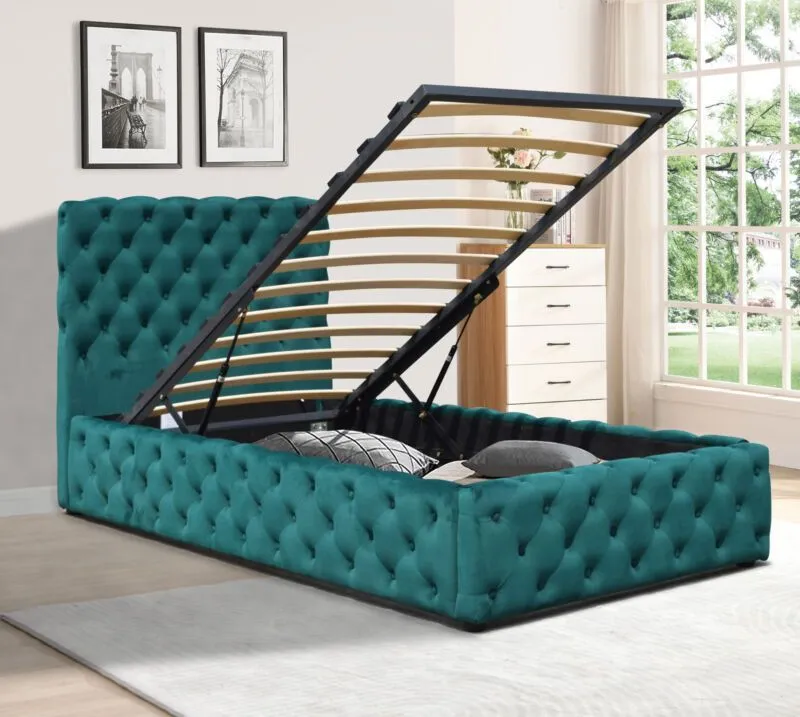 Comfy Living Ltd Tufted Fabric Gas Lift Ottoman Bed Frame in Green 1