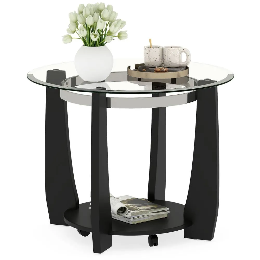Costway Rolling Glass Round Coffee Table 2-Tier Cocktail Table w/Storage Shelf in Black 3