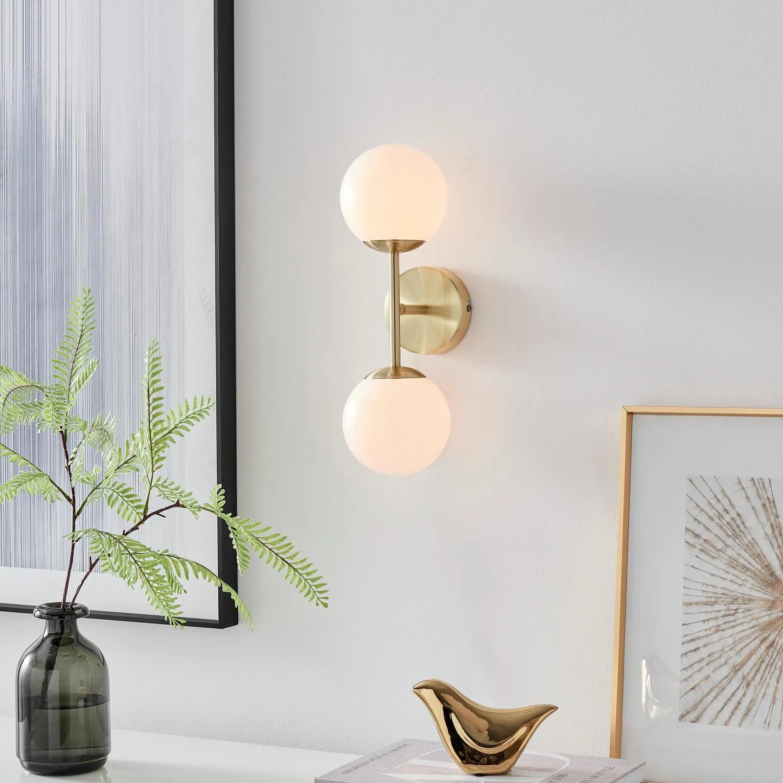 FurnitureboxUK Martha Brushed Brass Art Deco Wall Light With Opal Glass Globe Shades in Gold