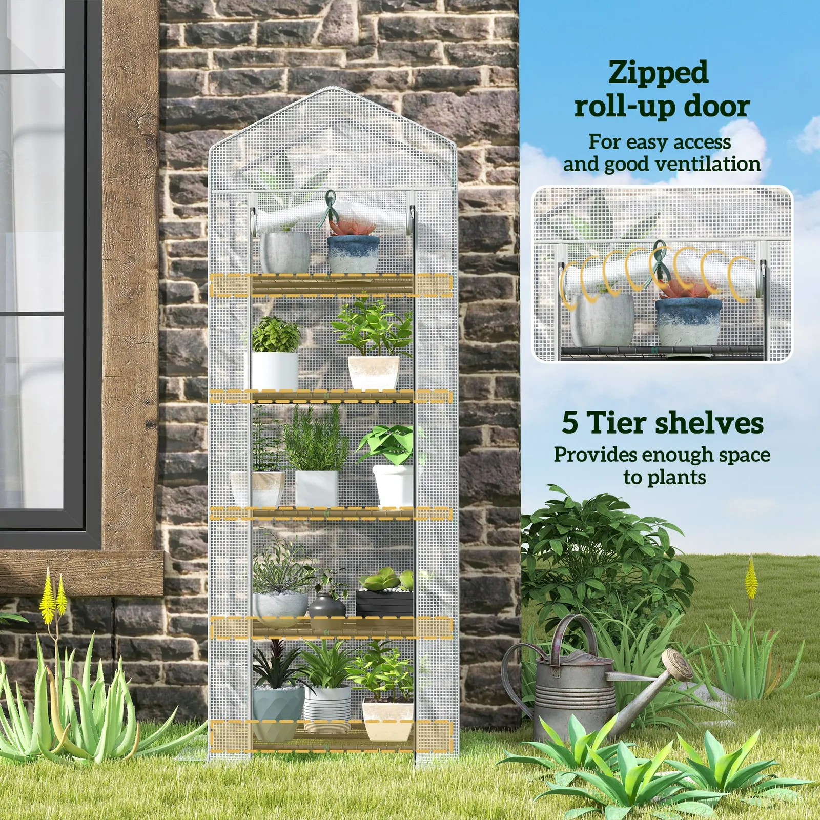 OUTSUNNY 5 Tier Mini Greenhouse Grow House w/ Roll Up Door, White/Grey in White 5
