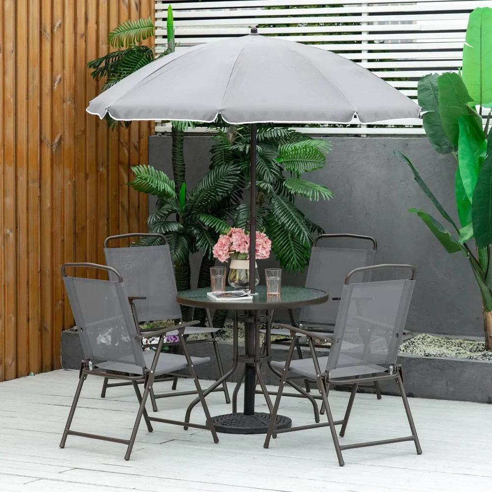 OUTSUNNY 6 Piece Patio Dining Set with Garden Umbrella 4 Folding Chairs in Grey 1