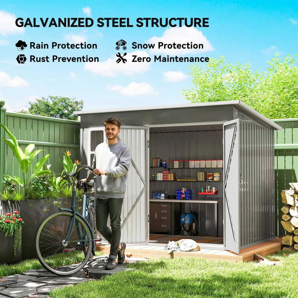 OUTSUNNY 8.5 x 6ft Galvanised Steel Garden Shed with Foundation Kit, Grey in Light Grey 4