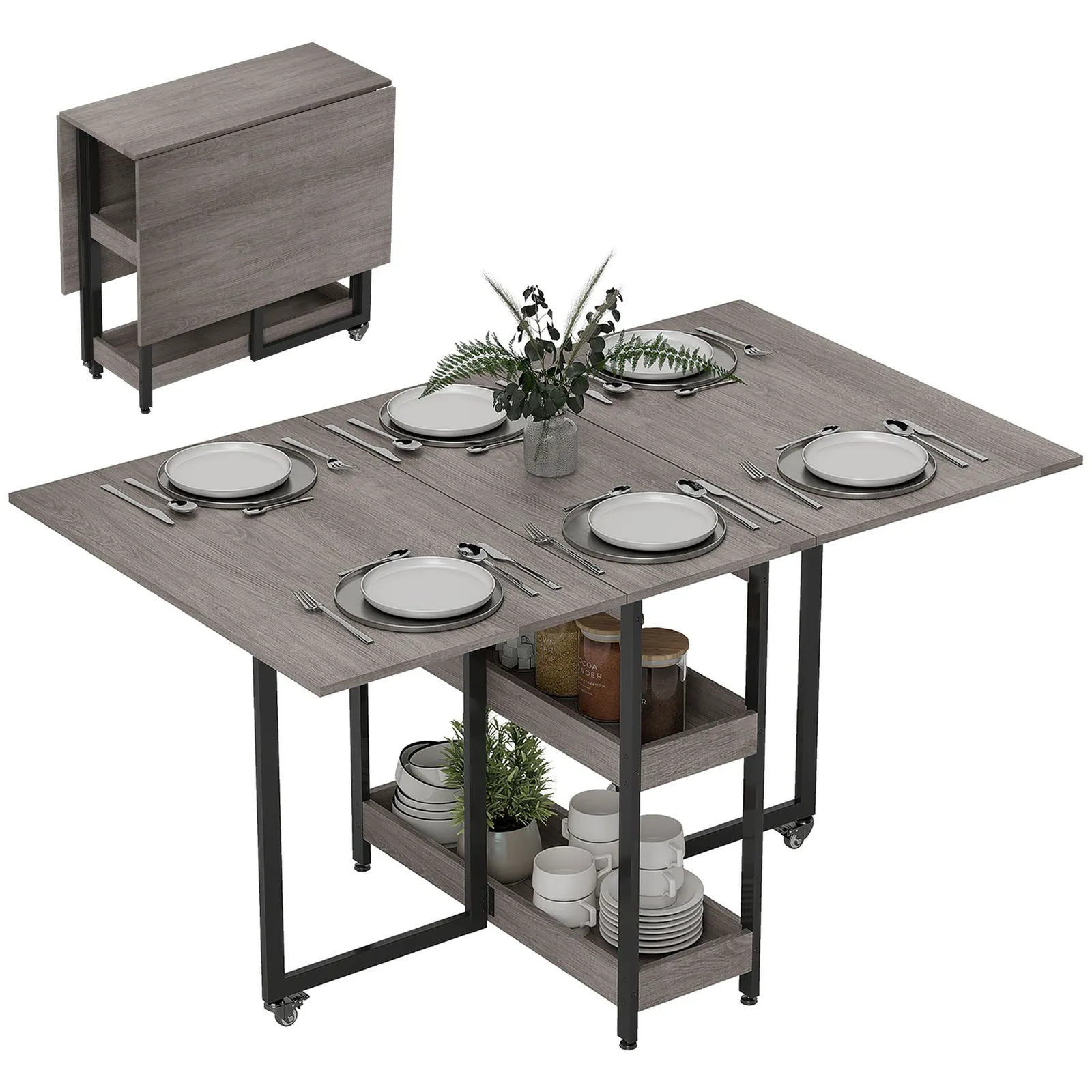 HOMCOM Folding Dining Table, Drop Leaf Table with Open Compartments in Grey 2