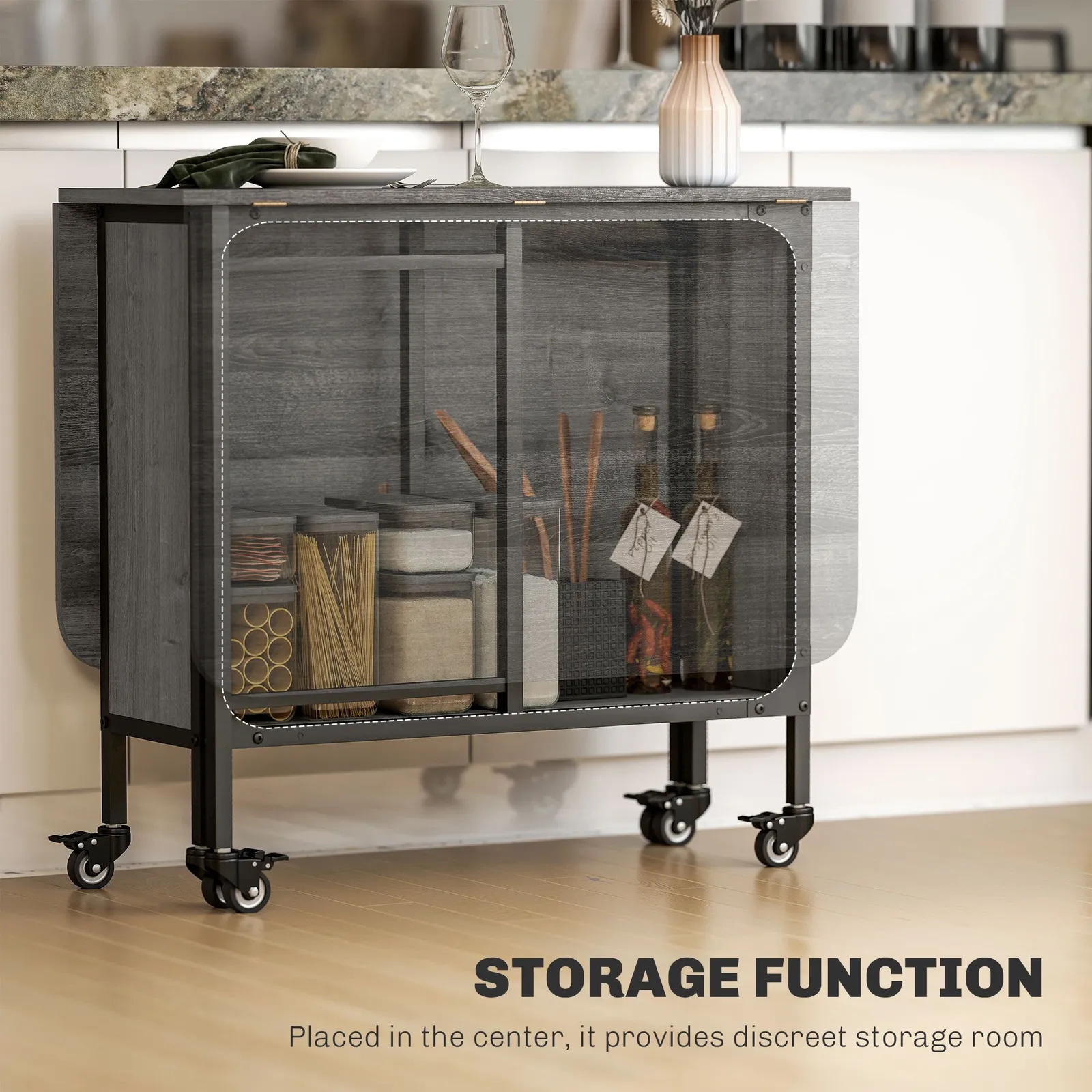 HOMCOM Mobile Drop Leaf Dining Table on Wheels with Storage Shelf in Grey 6