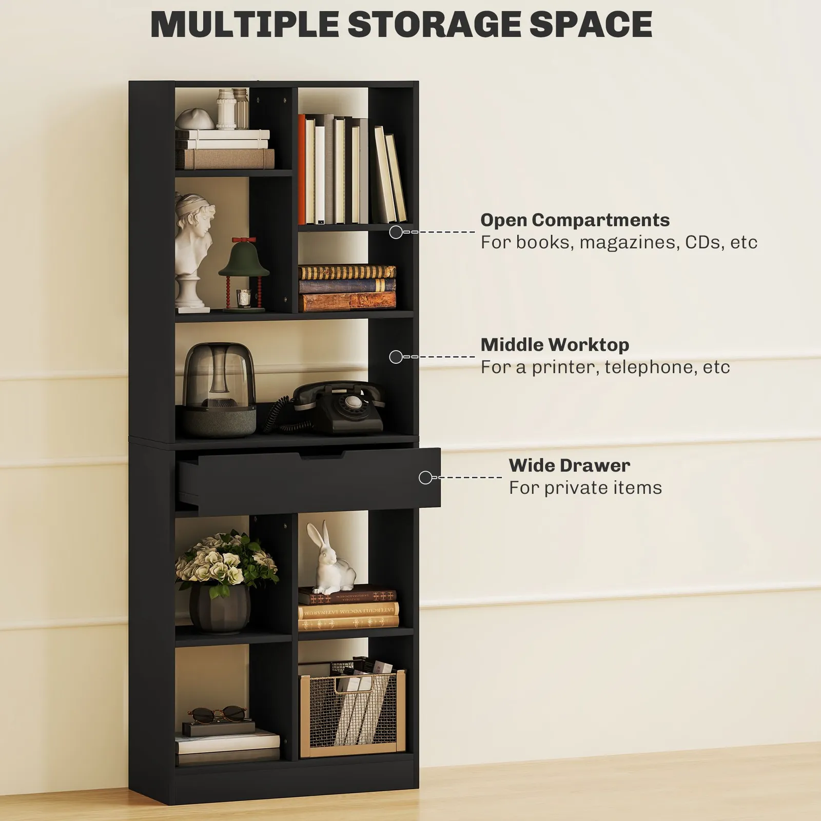 HOMCOM Freestanding Bookcase Display Shelf with Drawer for Home Office in Black 4