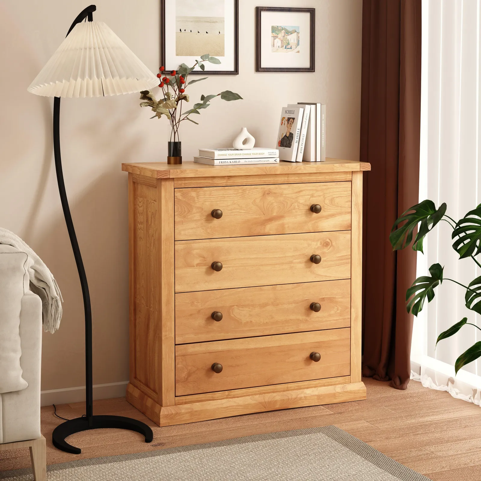Cabinet Bits Lucca 4 Drawer Chest of Drawers Brass Knob in Light Brown
