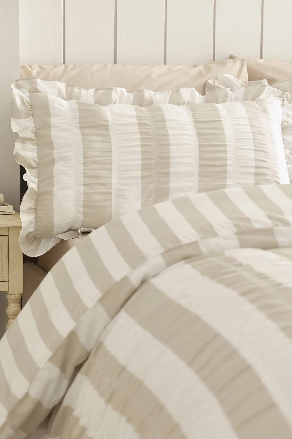 Catherine Lansfield 'Seersucker Frill Stripe' Duvet Cover Set in Natural 3