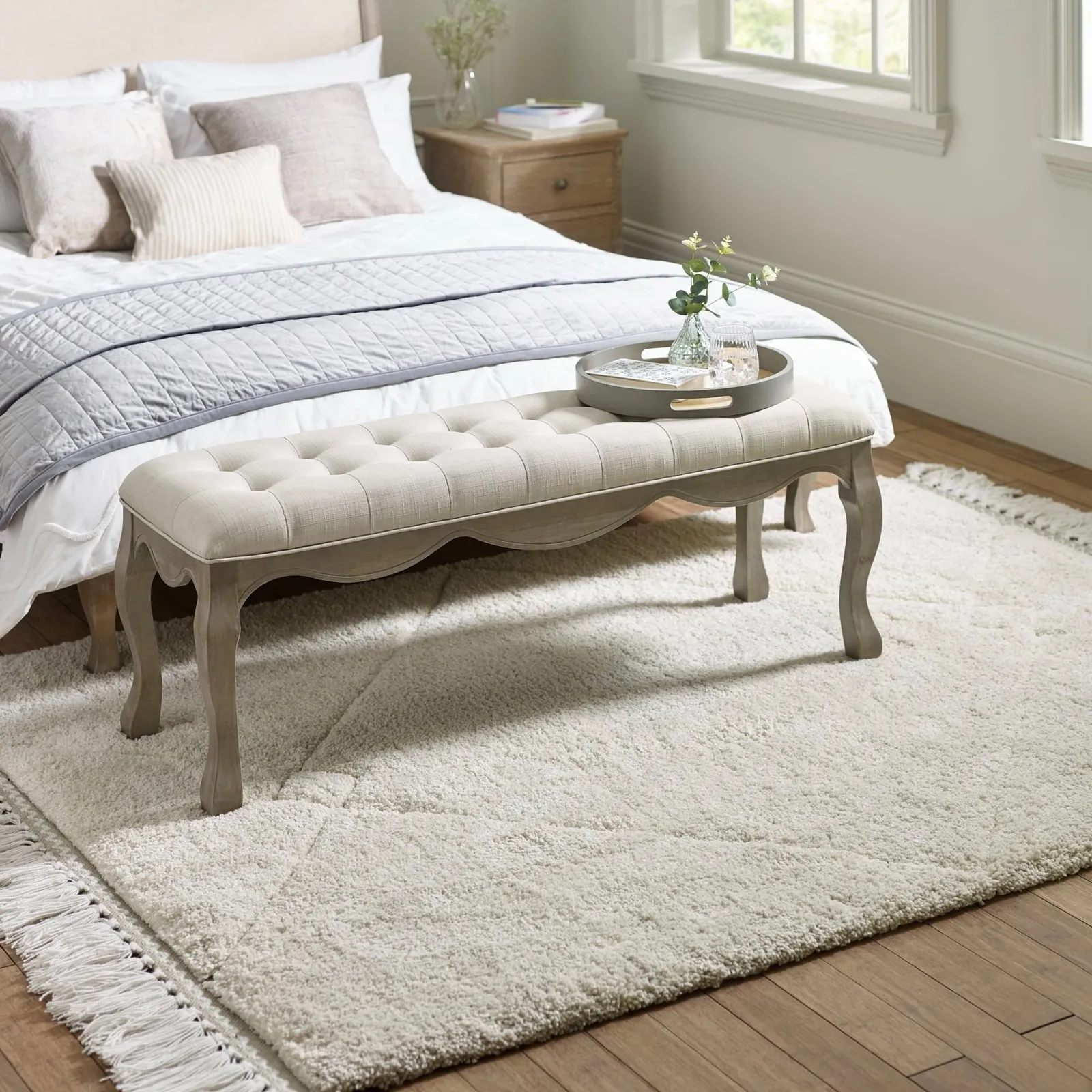 Camille - French-Style Bench - Oatmeal - Fabric/Wood - Happy Beds