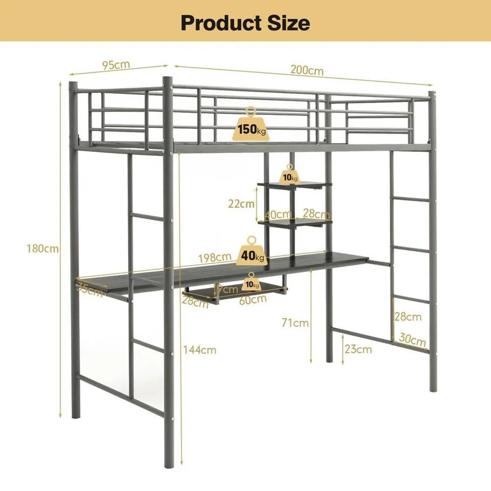Costway 3.5FT Single Metal Loft Bed Frame High Sleeper Bunk Bed W/ Desk Storage Shelves in Silver 6